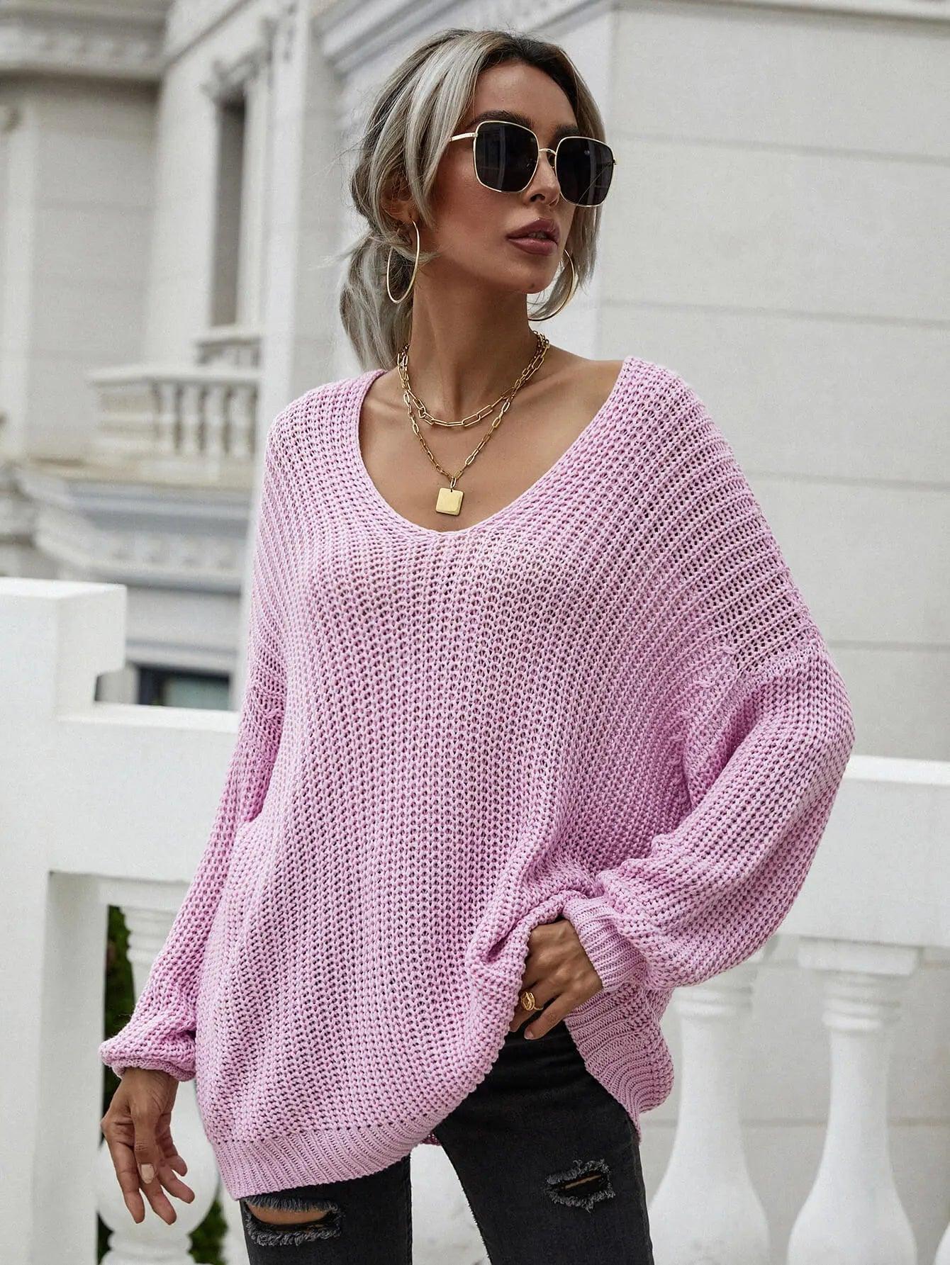 Rib-Knit Drop Shoulder V-Neck Pullover Sweater- Broke Girl