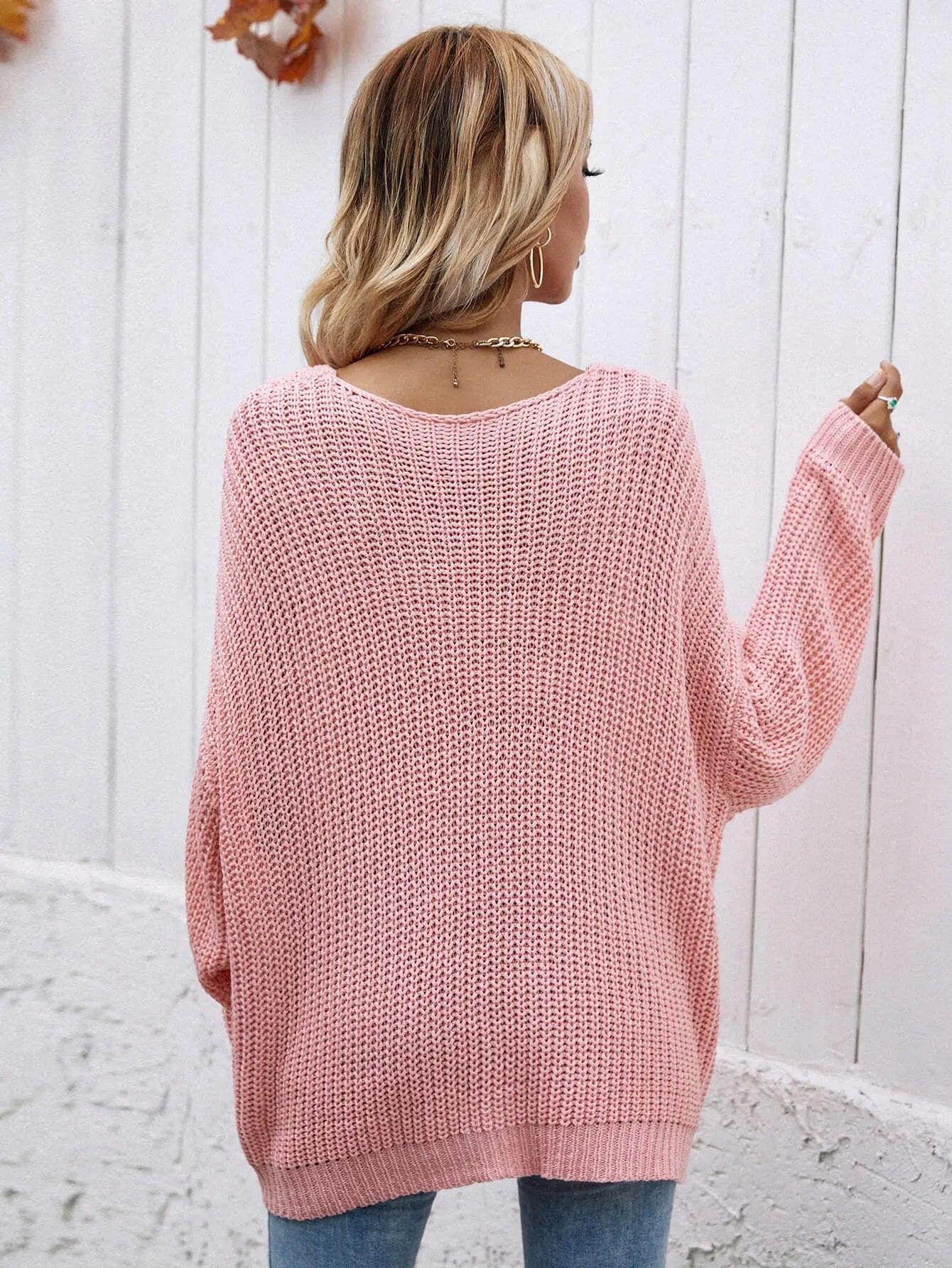 Womens Sweater-Rib-Knit Drop Shoulder V-Neck Pullover Sweater | Tops