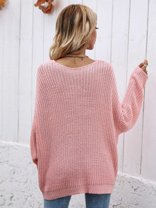 Rib-Knit Drop Shoulder V-Neck Pullover Sweater Broke Girl Philanthropy