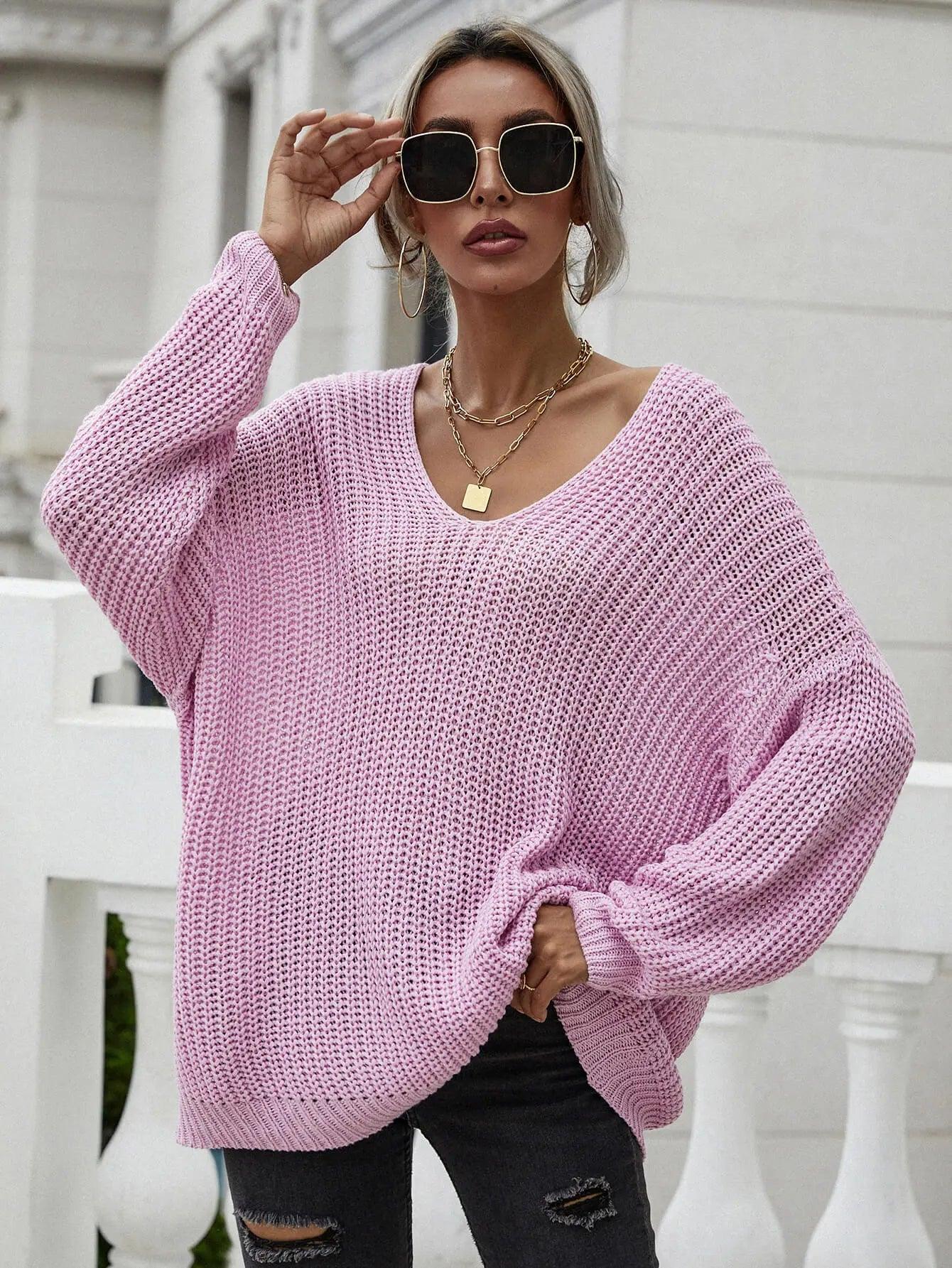 Womens Sweater-Rib-Knit Drop Shoulder V-Neck Pullover Sweater | Tops