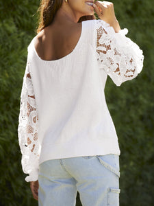 Womens Blouse-Ribbed Lace Trim Flounce Sleeve Knit Top | Tops/Blouses & Shirts