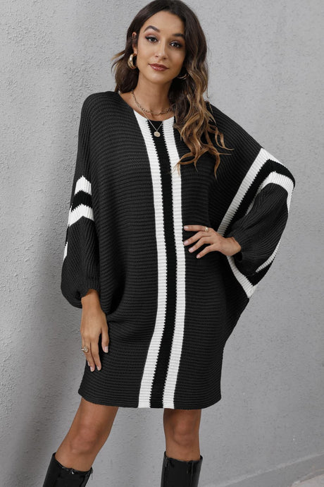 Womens Sweater Dress-Ribbed Round Neck Long Sleeve Sweater Dress | Dress