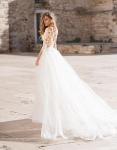 Romantic Lace Beach Wedding Dress with Detachable Train and Sleeves Broke Girl Philanthropy