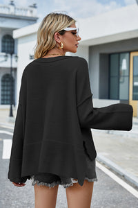 Womens Sweater-Round Neck Dropped Shoulder Slit Sweater