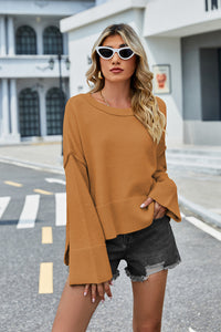 Womens Sweater-Round Neck Dropped Shoulder Slit Sweater