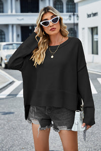 Womens Sweater-Round Neck Dropped Shoulder Slit Sweater