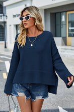 Load image into Gallery viewer, Womens Sweater-Round Neck Dropped Shoulder Slit Sweater
