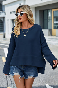 Womens Sweater-Round Neck Dropped Shoulder Slit Sweater