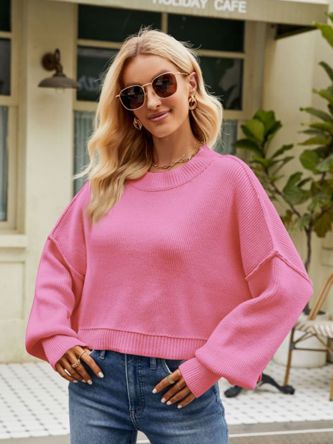 Womens Sweater-Round Neck Dropped Shoulder Sweater