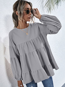 Womens Blouse-Round Neck Dropped Shoulder Tiered Blouse | Tops/Blouses & Shirts