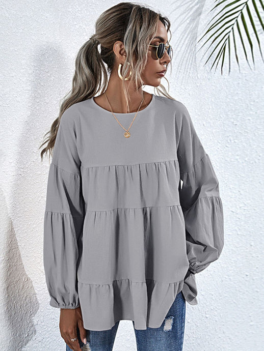 Womens Blouse-Round Neck Dropped Shoulder Tiered Blouse | Tops/Blouses & Shirts