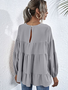 Womens Blouse-Round Neck Dropped Shoulder Tiered Blouse | Tops/Blouses & Shirts