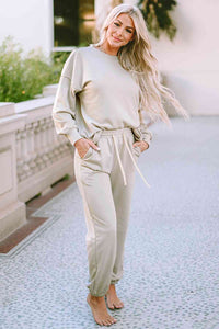 Womens Pants Set-Round Neck Dropped Shoulder Top and Pants Lounge Set