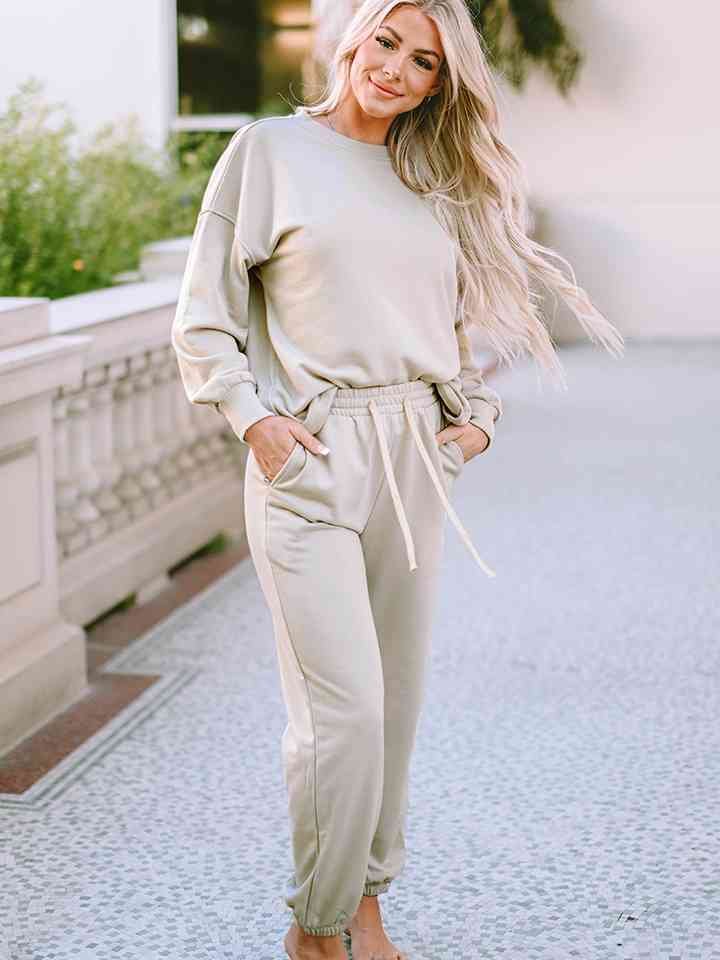 Womens Pants Set-Round Neck Dropped Shoulder Top and Pants Lounge Set