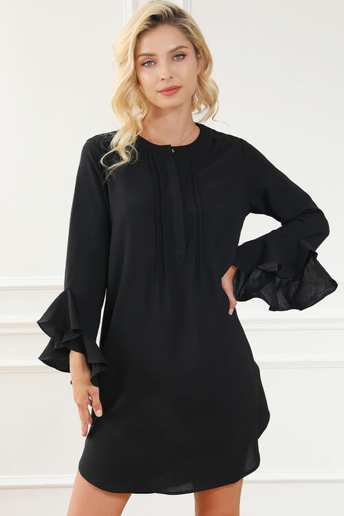 Womens Mini Dress-Round Neck Flare Sleeve Mini Dress | Dress