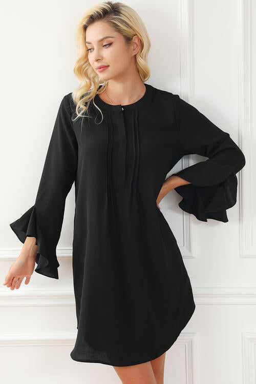 Womens Mini Dress-Round Neck Flare Sleeve Mini Dress | Dress