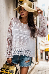 Womens Blouse-Round Neck Flounce Sleeve Lace Blouse | Tops/Blouses & Shirts