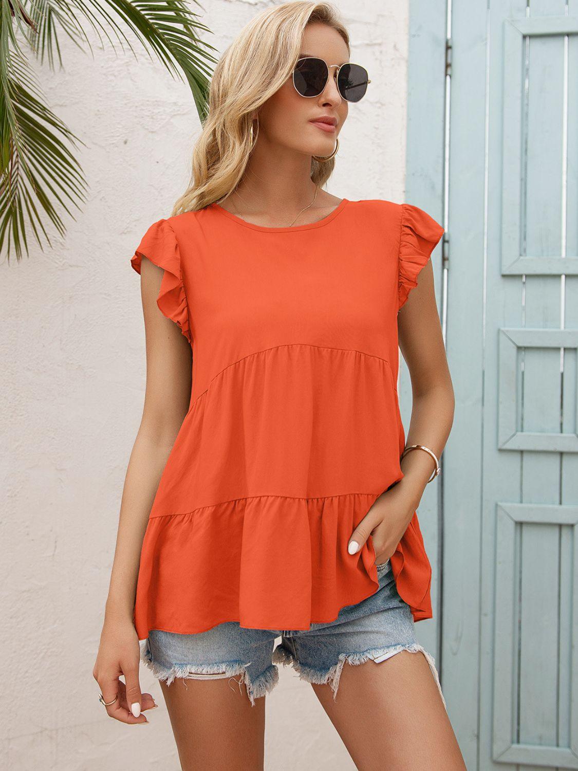 Womens Blouse-Round Neck Flutter Sleeve Tiered Blouse | Tops/Blouses & Shirts