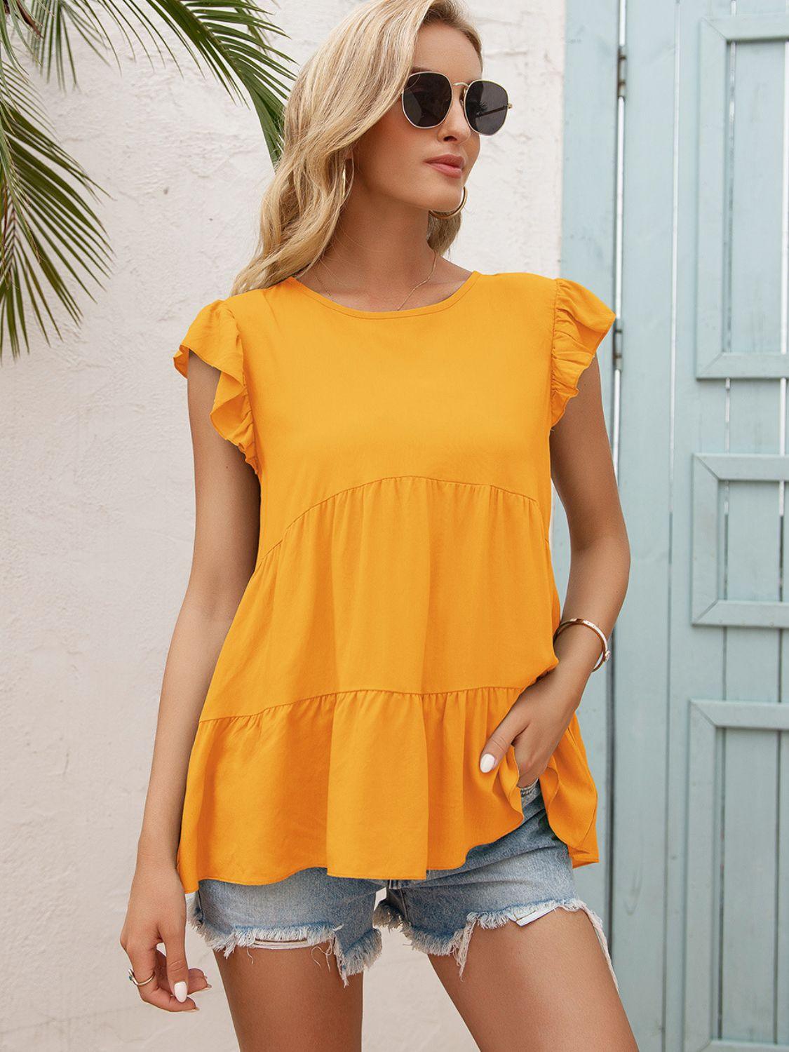 Womens Blouse-Round Neck Flutter Sleeve Tiered Blouse | Tops/Blouses & Shirts