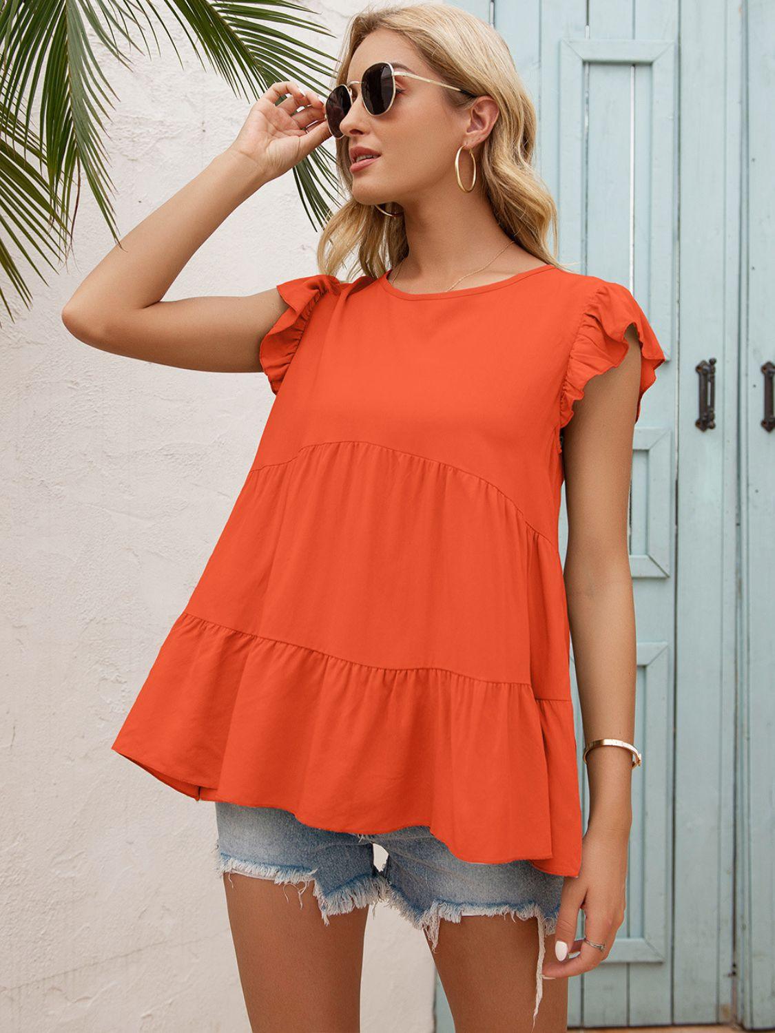 Womens Blouse-Round Neck Flutter Sleeve Tiered Blouse | Tops/Blouses & Shirts