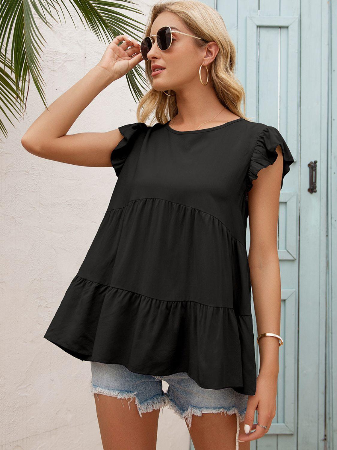 Womens Blouse-Round Neck Flutter Sleeve Tiered Blouse | Tops/Blouses & Shirts