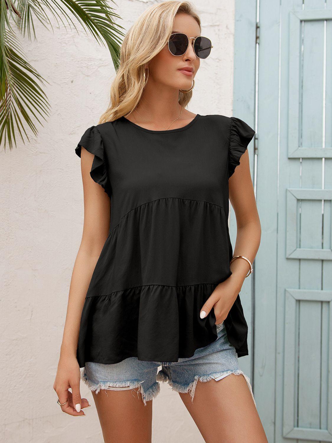 Womens Blouse-Round Neck Flutter Sleeve Tiered Blouse | Tops/Blouses & Shirts