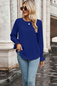 Womens Blouse-Round Neck Long Flounce Sleeve Blouse | Tops/Blouses & Shirts