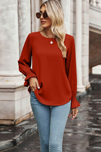 Womens Blouse-Round Neck Long Flounce Sleeve Blouse | Tops/Blouses & Shirts