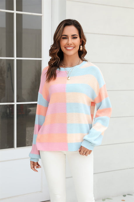 Womens Sweater-Round Neck Long Sleeve Color Block Dropped Shoulder Pullover Sweater