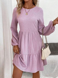 Womens Mini Dress-Round Neck Long Sleeve Mini Dress | Dress