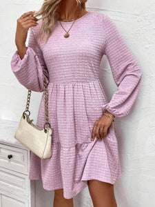 Womens Mini Dress-Round Neck Long Sleeve Mini Dress | Dress