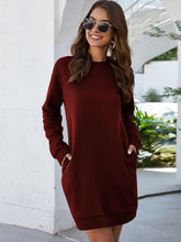 Load image into Gallery viewer, Womens Mini Dress-Round Neck Long Sleeve Mini Dress with Pockets
