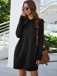 Womens Mini Dress-Round Neck Long Sleeve Mini Dress with Pockets