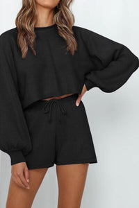 Womens Loungewear-Round Neck Long Sleeve Top and Drawstring Shorts Lounge Set | top shorts