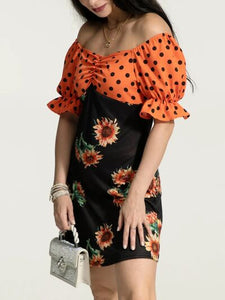 Womens Dress-Ruched Polka Dot Flounce Sleeve Dress | Dresses/Mini Dresses