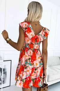 Womens Mini Dress-Ruffled V-Neck Mini Dress