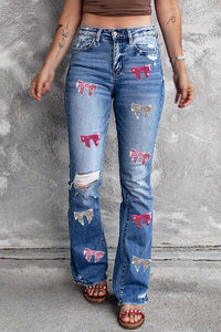 Blue Jeans-Sequin Bow Distressed Bootcut Blue Jeans | Blue Jeans