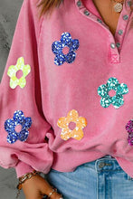 Load image into Gallery viewer, Womens Sweatshirt-Sequin Flower Half Snap Lantern Sleeve Sweatshirt | top
