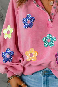 Womens Sweatshirt-Sequin Flower Half Snap Lantern Sleeve Sweatshirt | top