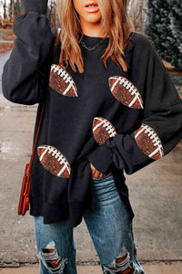 Womens Sweatshirt-Sequin Football Patch Slit Sweatshirt