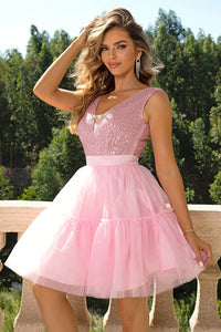 Womens Dress-Pink Sequin Sleeveless Mesh Dress | Dresses