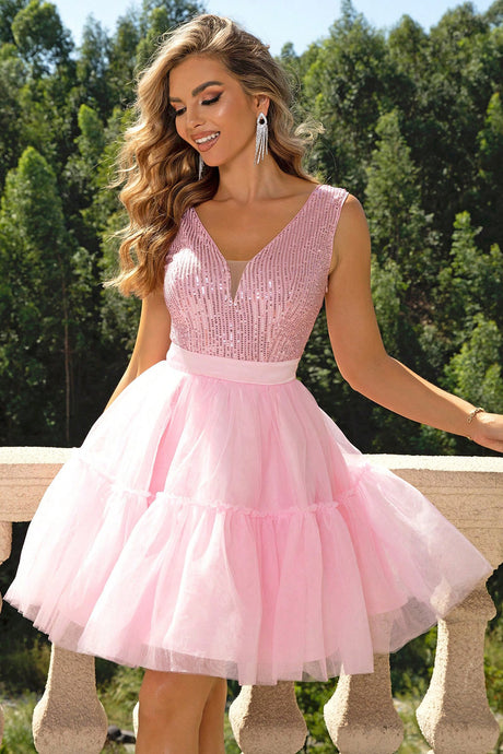 Womens Dress-Pink Sequin Sleeveless Mesh Dress | Dresses