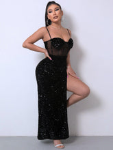 Load image into Gallery viewer, Womens Dress-Sequin Spliced Mesh Adjustable Strap Dress | Dresses
