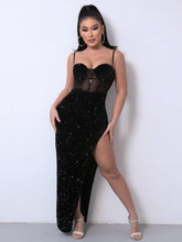 Load image into Gallery viewer, Womens Dress-Sequin Spliced Mesh Adjustable Strap Dress | Dresses
