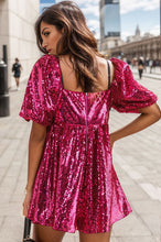 Load image into Gallery viewer, Womens Romper-Sequin Square Neck Balloon Sleeve Romper | Dress
