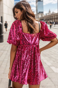 Womens Romper-Sequin Square Neck Balloon Sleeve Romper | Dress