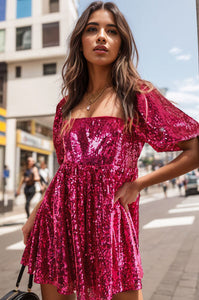 Womens Romper-Sequin Square Neck Balloon Sleeve Romper | Dress