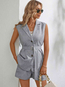 Womens Shorts Set-Sleeveless Blazer and Shorts Set with Pockets