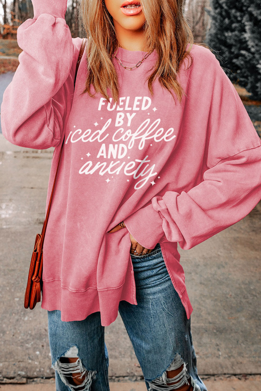 Womens Sweatshirt-Slogan Graphic Dropped Shoulder Slit Sweatshirt | Top