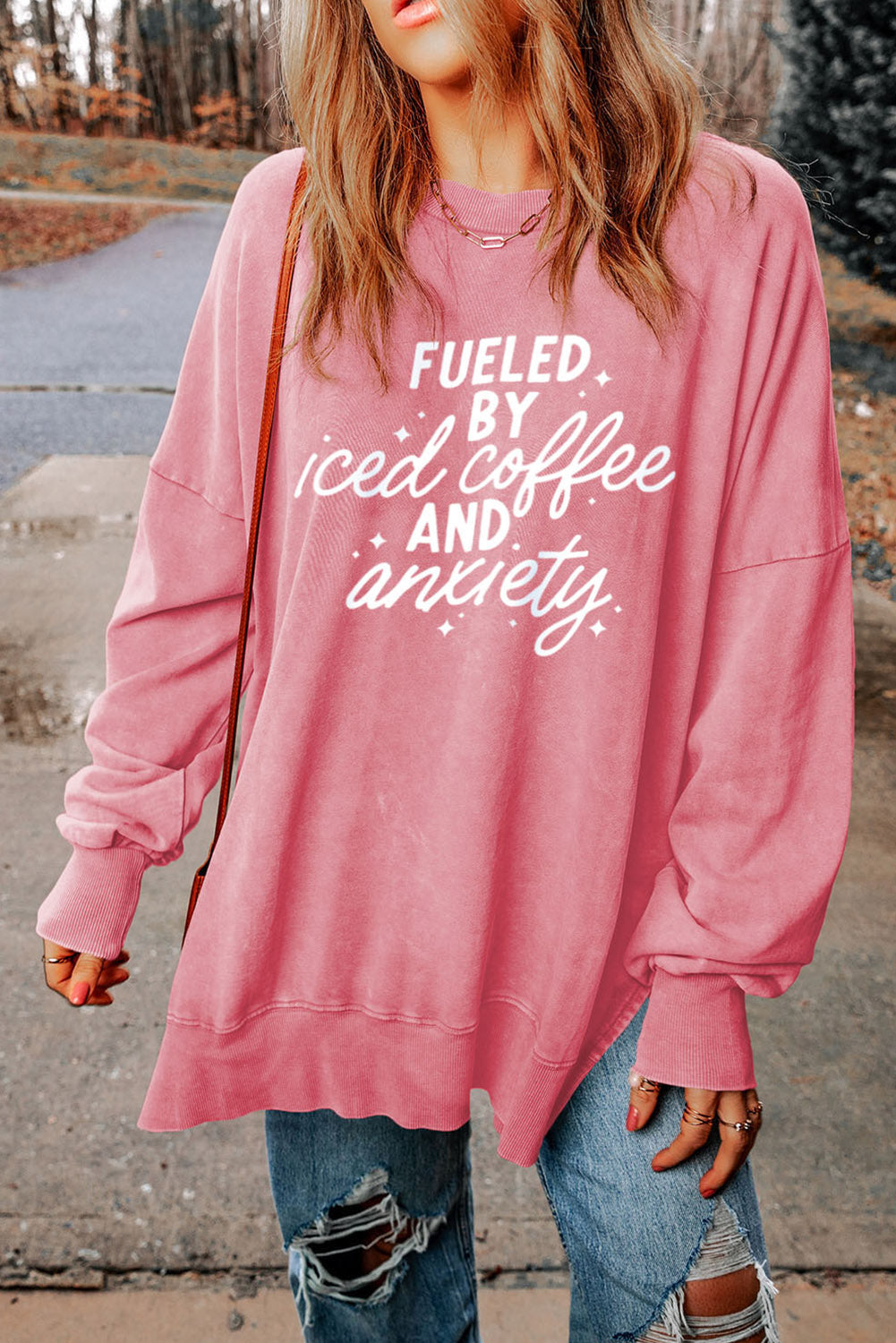 Womens Sweatshirt-Slogan Graphic Dropped Shoulder Slit Sweatshirt | Top